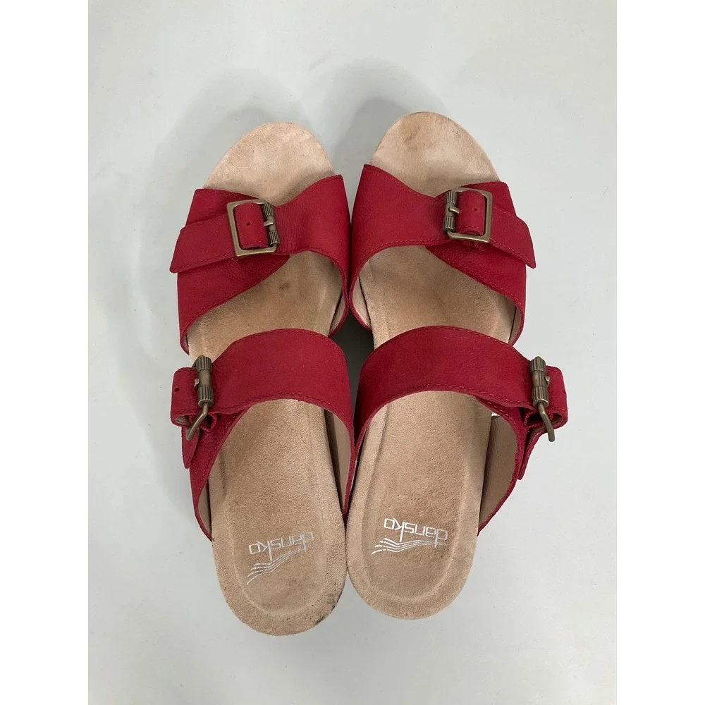 Dansko Red Nubuck Leather Platform Wedge Buckle Sandals Women 40 US 9.5-10